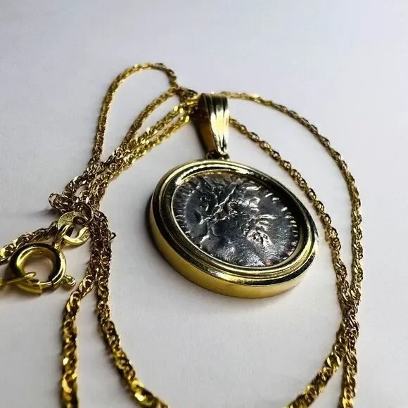 14k Gold Ancient Coin Necklace 18" Silver Roman Emperor Commodus 177-192 AD 5.7g - Picture 9 of 16